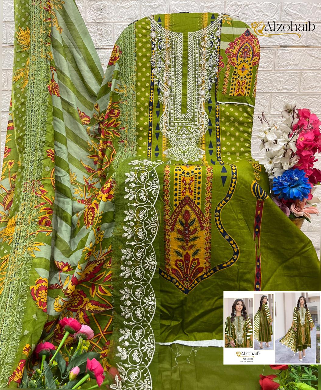 Green Pakistani Cotton Suit with Work & Chiffon Cotton Dupatta