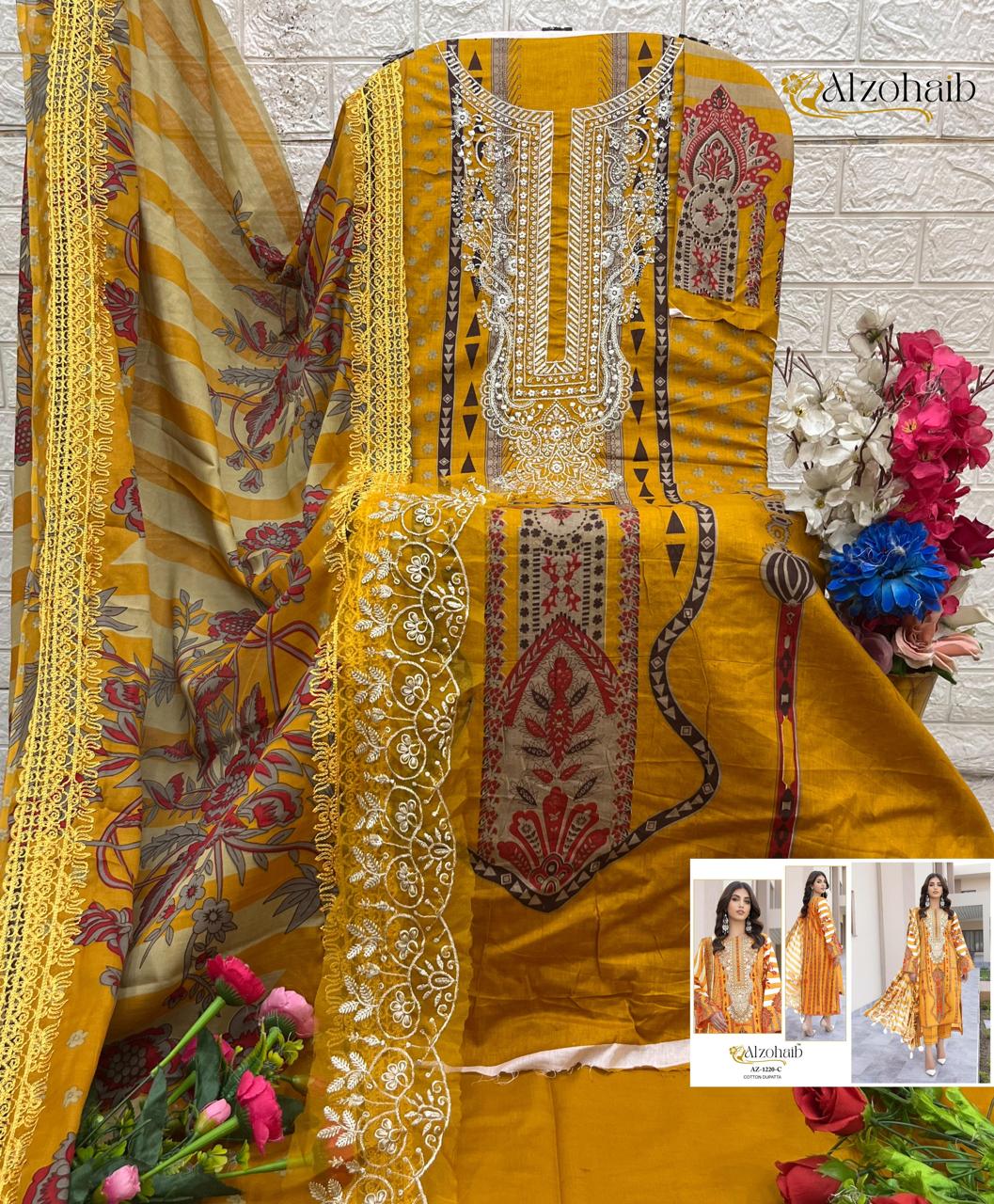 Yellow Pakistani Cotton Suit with Work & Chiffon Cotton Dupatta