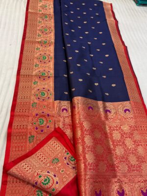 Dark Blue And Red Pure Raw Mango Handloom Katan Silk Saree