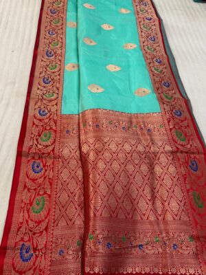 Firozi And Red Pure Raw Mango Handloom Katan Silk Saree