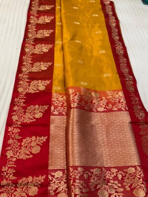 Yellow And Red Pure Raw Mango Handloom Katan Silk Saree