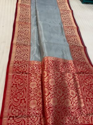 Gray And Maroon Pure Raw Mango Handloom Katan Silk Saree