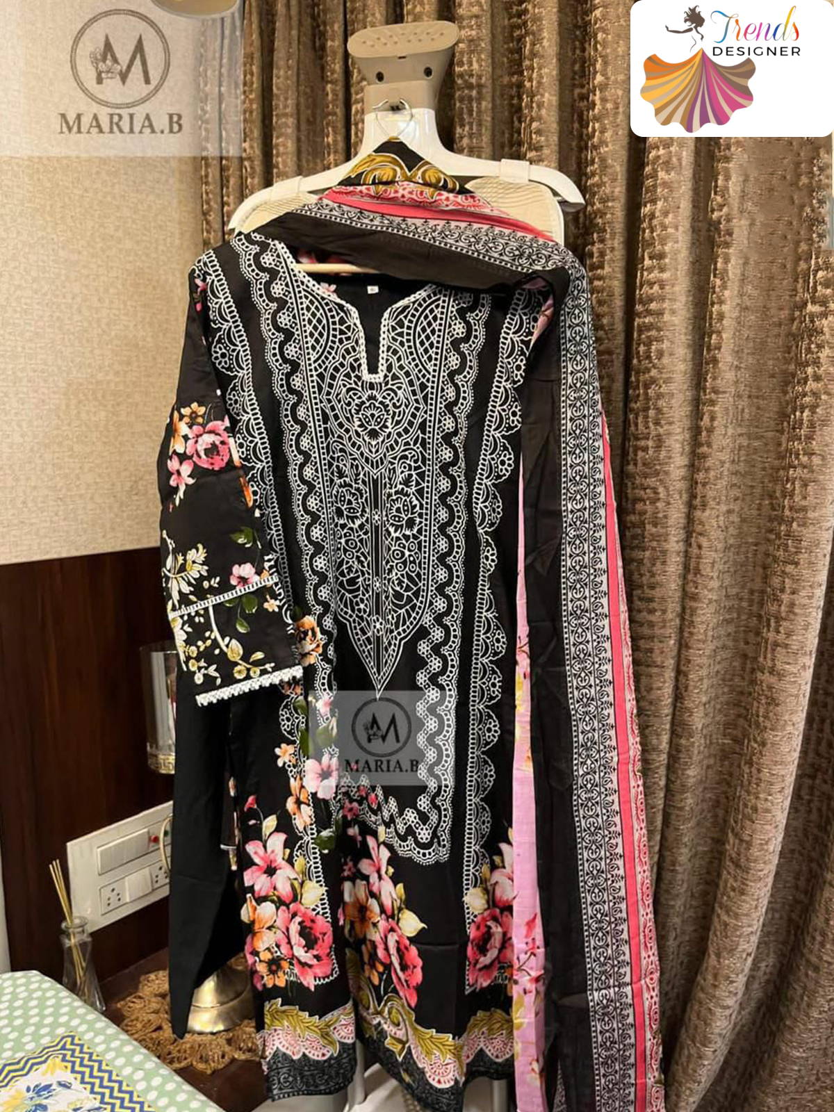 Black Cotton Suit Set with Printed Top, Cotton Bottom & Soft Dupatta