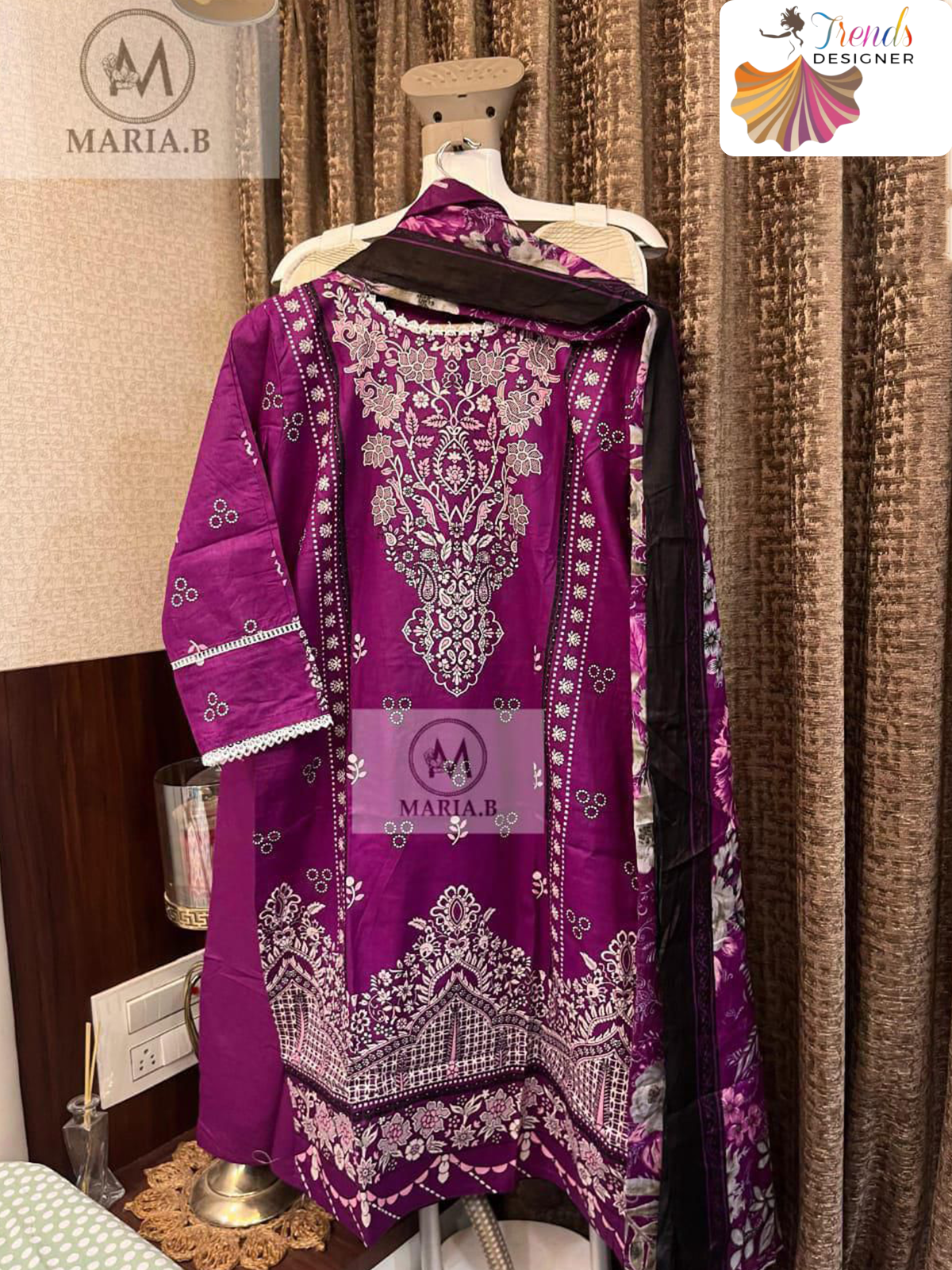 Dark Pink Suit Set with Printed Top Cotton Bottom & Soft Dupatta
