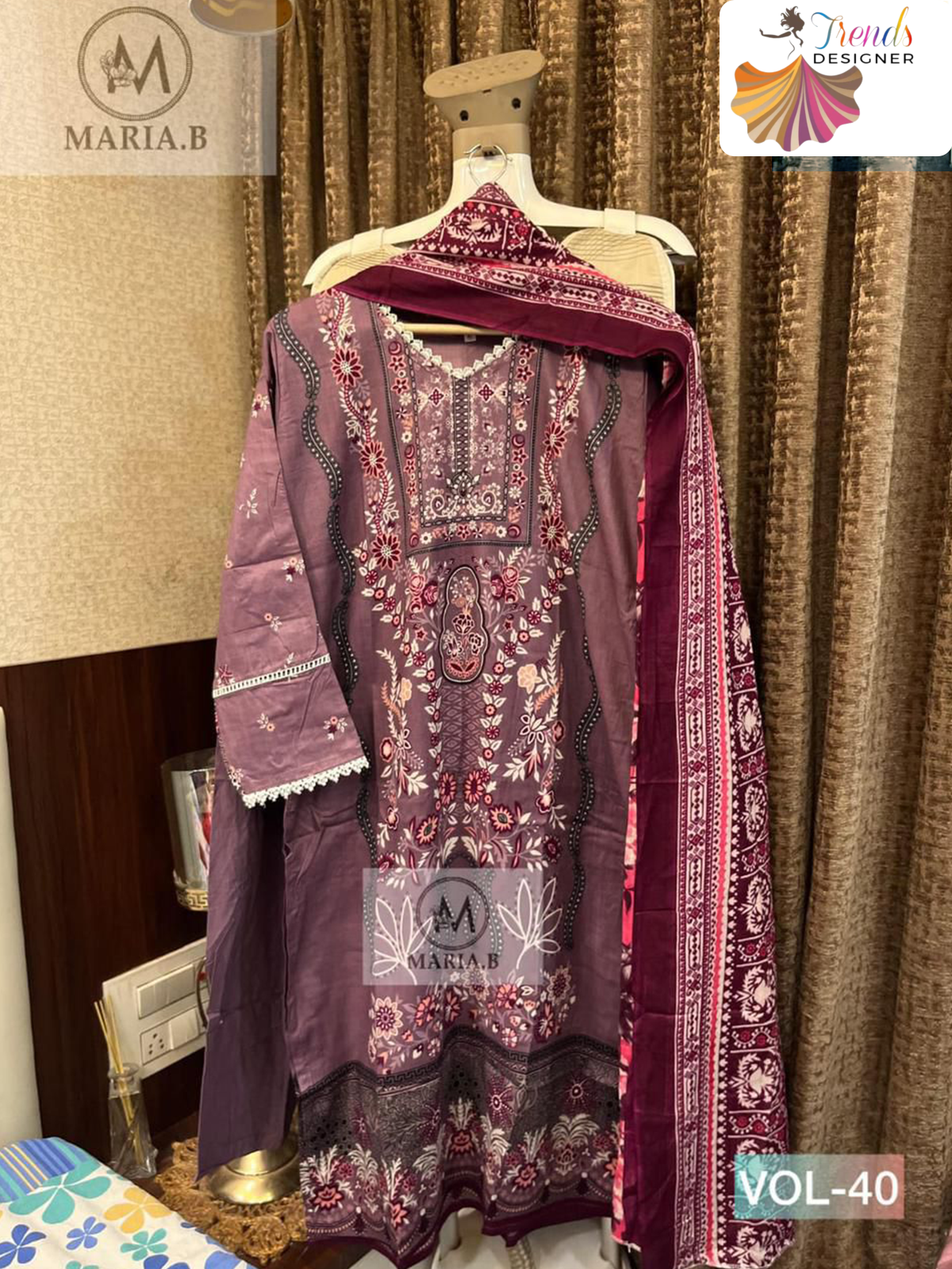 Maroon Suit Set with Printed Top, Cotton Bottom & Soft Dupatta