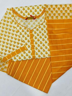 Yellow and White Floral Readymade Cotton Suit