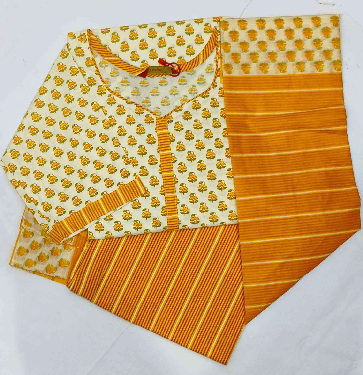 Yellow and White Floral Readymade Cotton Suit