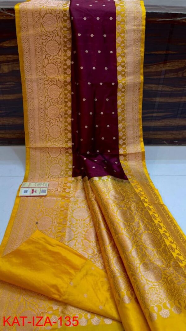Maroon And Yellow Pure Handloom Katan Silk Saree with Antique Zari & Blousepiece