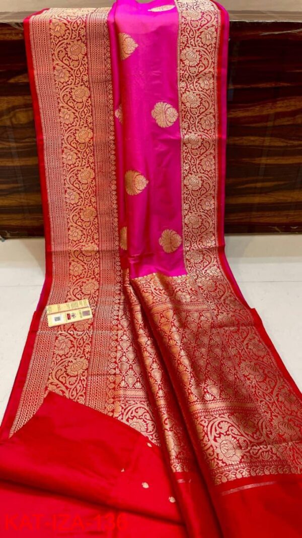 Pink And Red Pure Handloom Katan Silk Saree with Antique Zari & Blousepiece