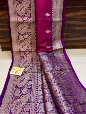 Maroon And Blue Pure Handloom Katan Silk Saree with Antique Zari & Blousepiece