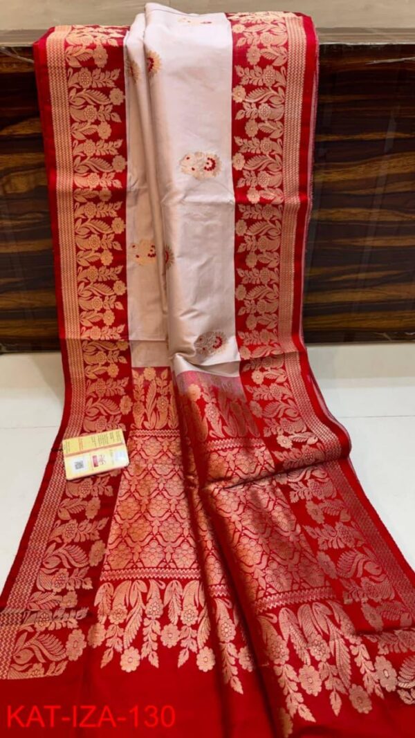 White And Red Pure Handloom Katan Silk Saree with Antique Zari & Blousepiece