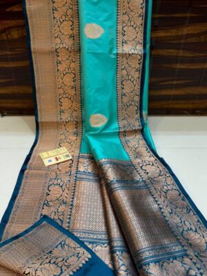 Firozi And Dark Blue Pure Handloom Katan Silk Saree with Antique Zari & Blousepiece