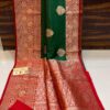 Dark Green And Red Pure Handloom Katan Silk Saree with Antique Zari & Blousepiece