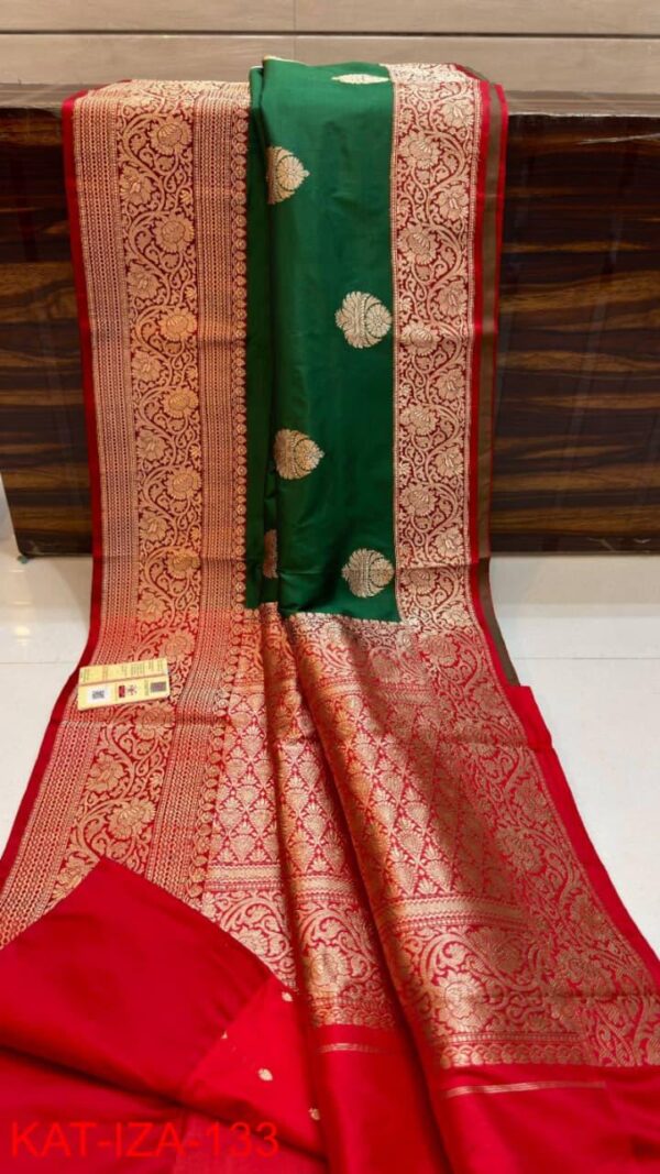 Dark Green And Red Pure Handloom Katan Silk Saree with Antique Zari & Blousepiece