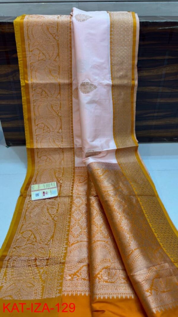White And Yellow Pure Handloom Katan Silk Saree with Antique Zari & Blousepiece