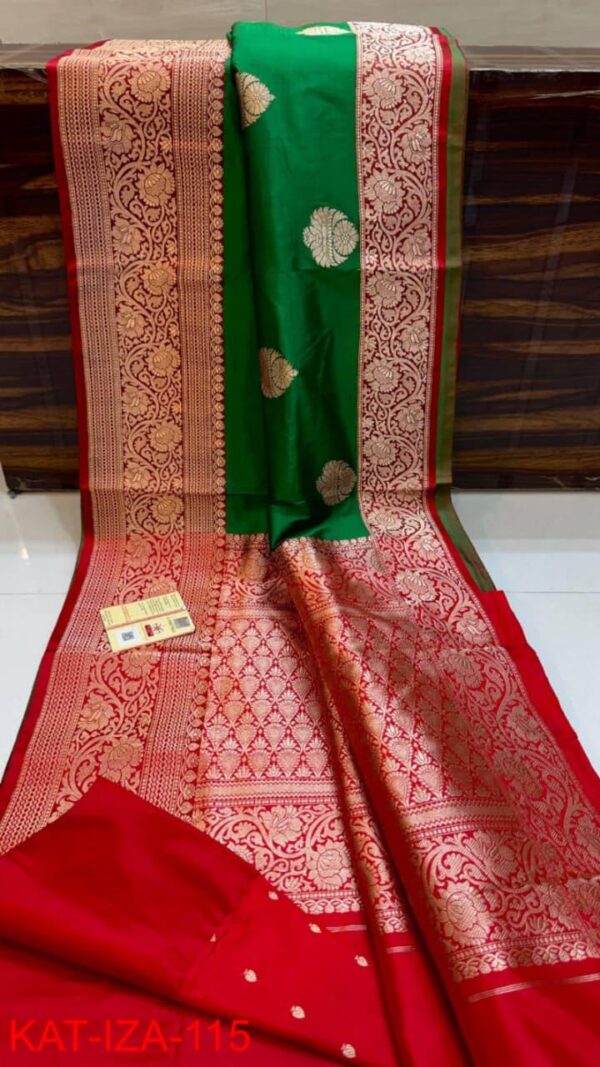 Green And Red Pure Handloom Katan Silk Saree with Antique Zari & Blousepiece
