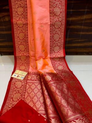 Light pink and Red Pure Handloom Katan Silk Saree with Antique Zari & Blousepiece
