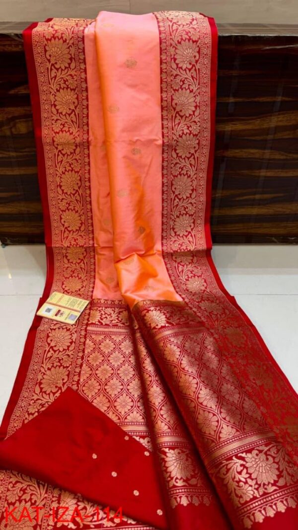 Light pink and Red Pure Handloom Katan Silk Saree with Antique Zari & Blousepiece