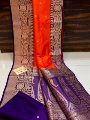 Saffron And Blue Pure Handloom Katan Silk Saree with Antique Zari & Blousepiece