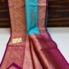 Firozi And Purple Pure Handloom Katan Silk Saree with Antique Zari & Blousepiece