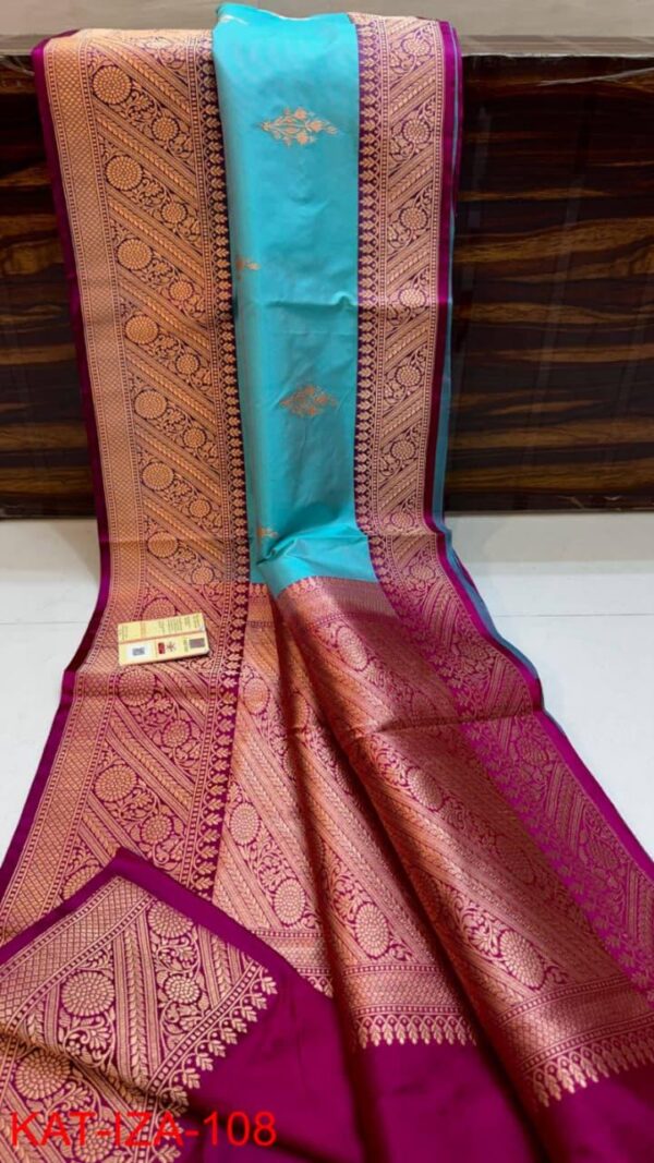Firozi And Purple Pure Handloom Katan Silk Saree with Antique Zari & Blousepiece