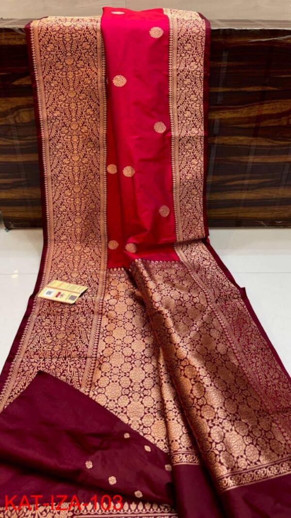 Pink And Maroon Pure Handloom Katan Silk Saree with Antique Zari & Blousepiece