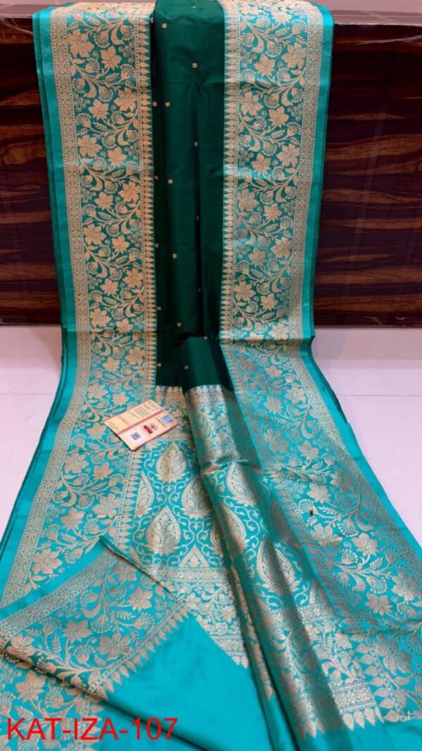 Dark Green And Firozi Pure Handloom Katan Silk Saree with Antique Zari & Blousepiece