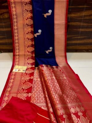 Dark Blue And Red Pure Handloom Katan Silk Saree with Antique Zari & Blousepiece