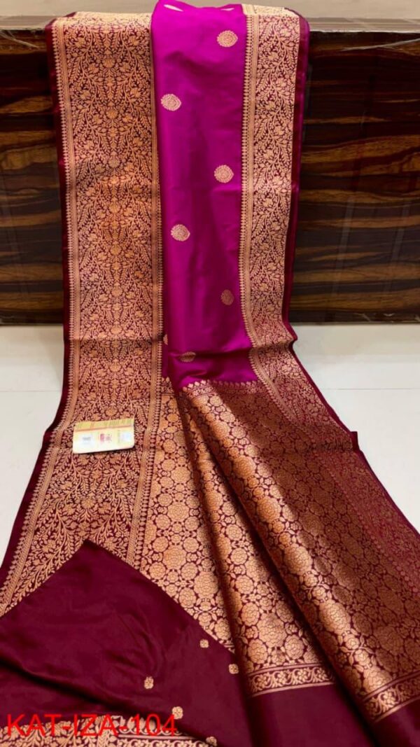 Pink And Maroon Pure Handloom Katan Silk Saree with Antique Zari & Blousepiece