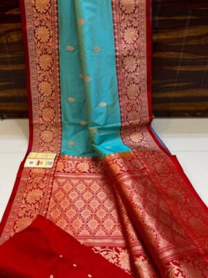 Firozi And Red  Pure Handloom Katan Silk Saree with Antique Zari & Blousepiece