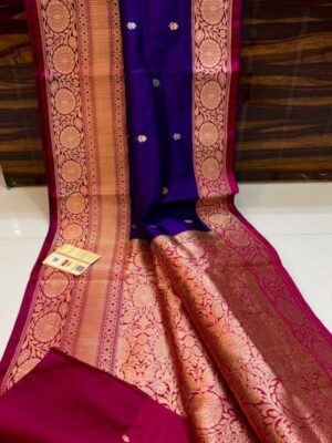 Dark Blue And Maroon Pure Handloom Katan Silk Saree with Antique Zari & Blousepiece