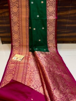 Dark Green And Maroon Pure Handloom Katan Silk Saree with Antique Zari & Blousepiece