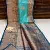 Firozi And Navy Blue Pure Handloom Katan Silk Saree with Antique Zari & Blousepiece