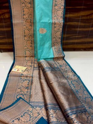 Firozi And Navy Blue Pure Handloom Katan Silk Saree with Antique Zari & Blousepiece