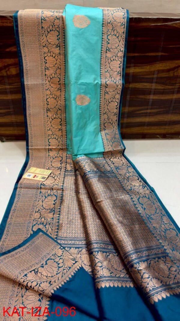 Firozi And Navy Blue Pure Handloom Katan Silk Saree with Antique Zari & Blousepiece