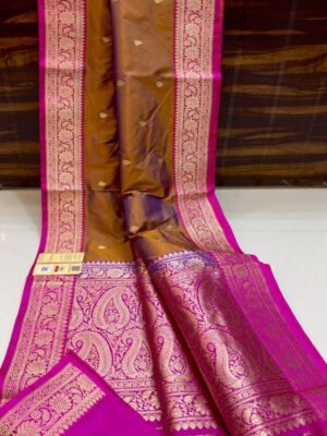 Brown And Pink Pure Handloom Katan Silk Saree with Antique Zari & Blousepiece