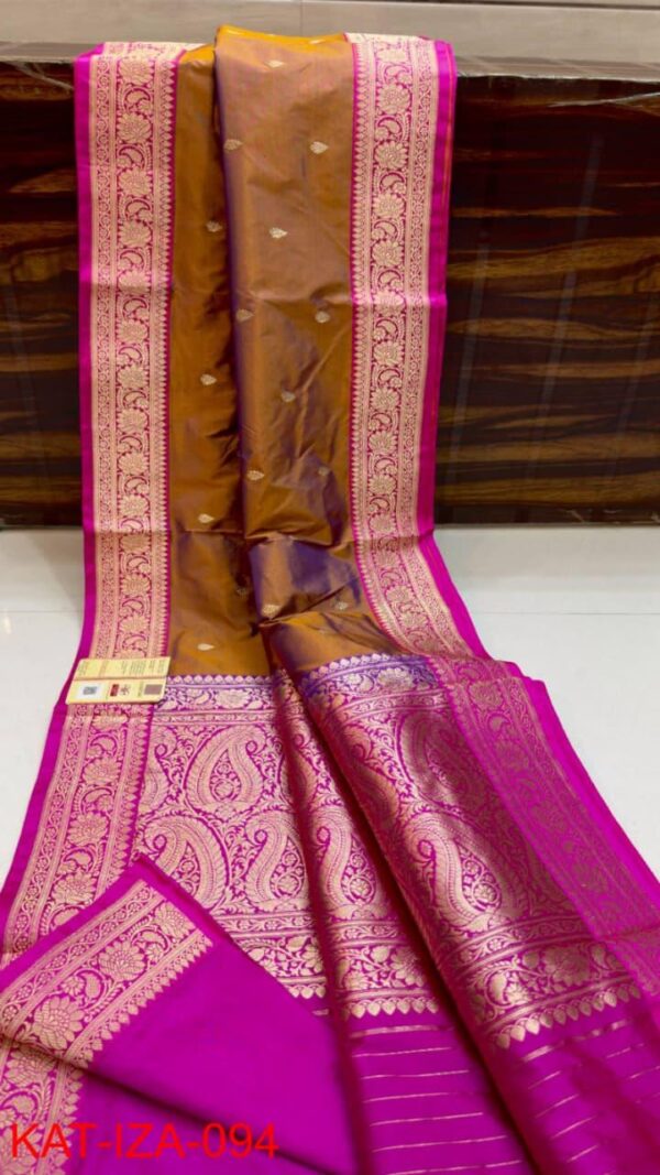 Brown And Pink Pure Handloom Katan Silk Saree with Antique Zari & Blousepiece
