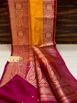 Mango Yellow and Maroon Pure Handloom Katan Silk Saree with Antique Zari & Blousepiece