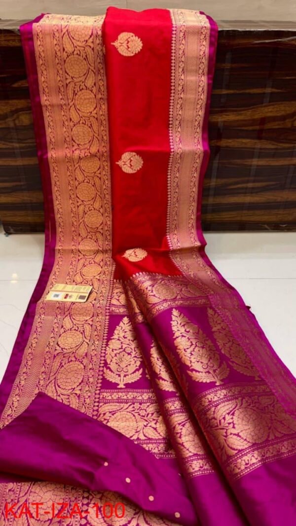Red And Purple Pure Handloom Katan Silk Saree with Antique Zari & Blousepiece