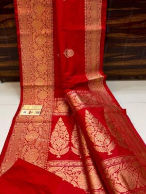 Red Pure Handloom Katan Silk Saree with Antique Zari & Blousepiece