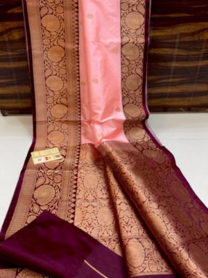 Pink and Purple Pure Handloom Katan Silk Saree with Antique Zari & Blousepiece