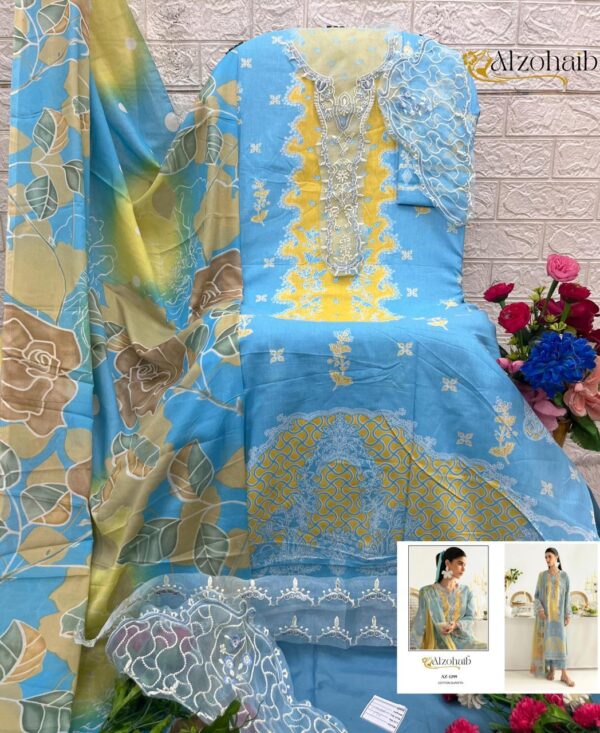 Firozi Pakistani Cotton Dress Material with Heavy Embroidery & Dupatta