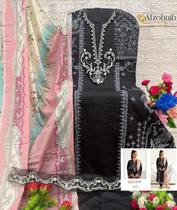 Black And Pink Pakistani Cotton Dress Material with Heavy Embroidery & Dupatta