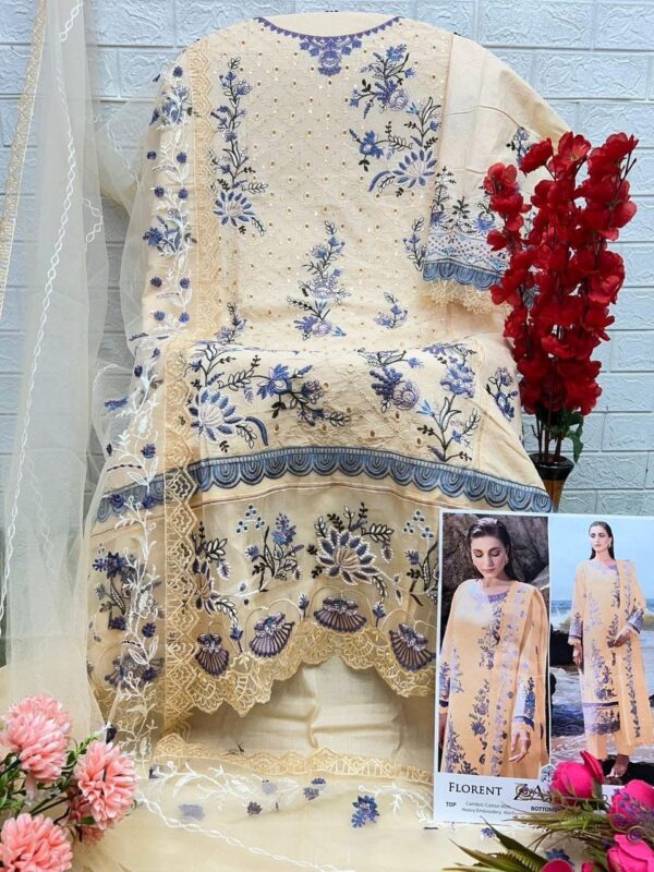 light yellow Pure Cambric Cotton Embroidered Suit with Butterfly Net Dupatta