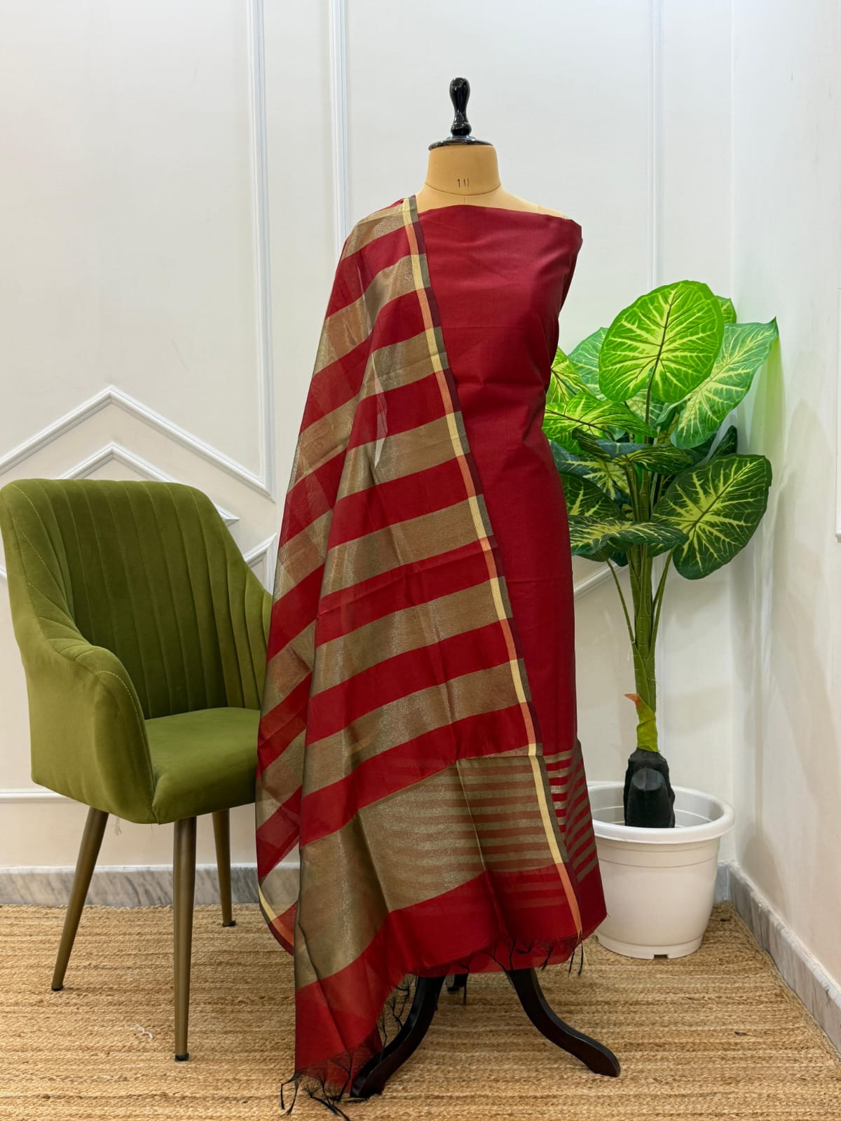 Maroon Budget Friendly Banarasi Chanderi Silk Suit with Rangkaat Dupatta