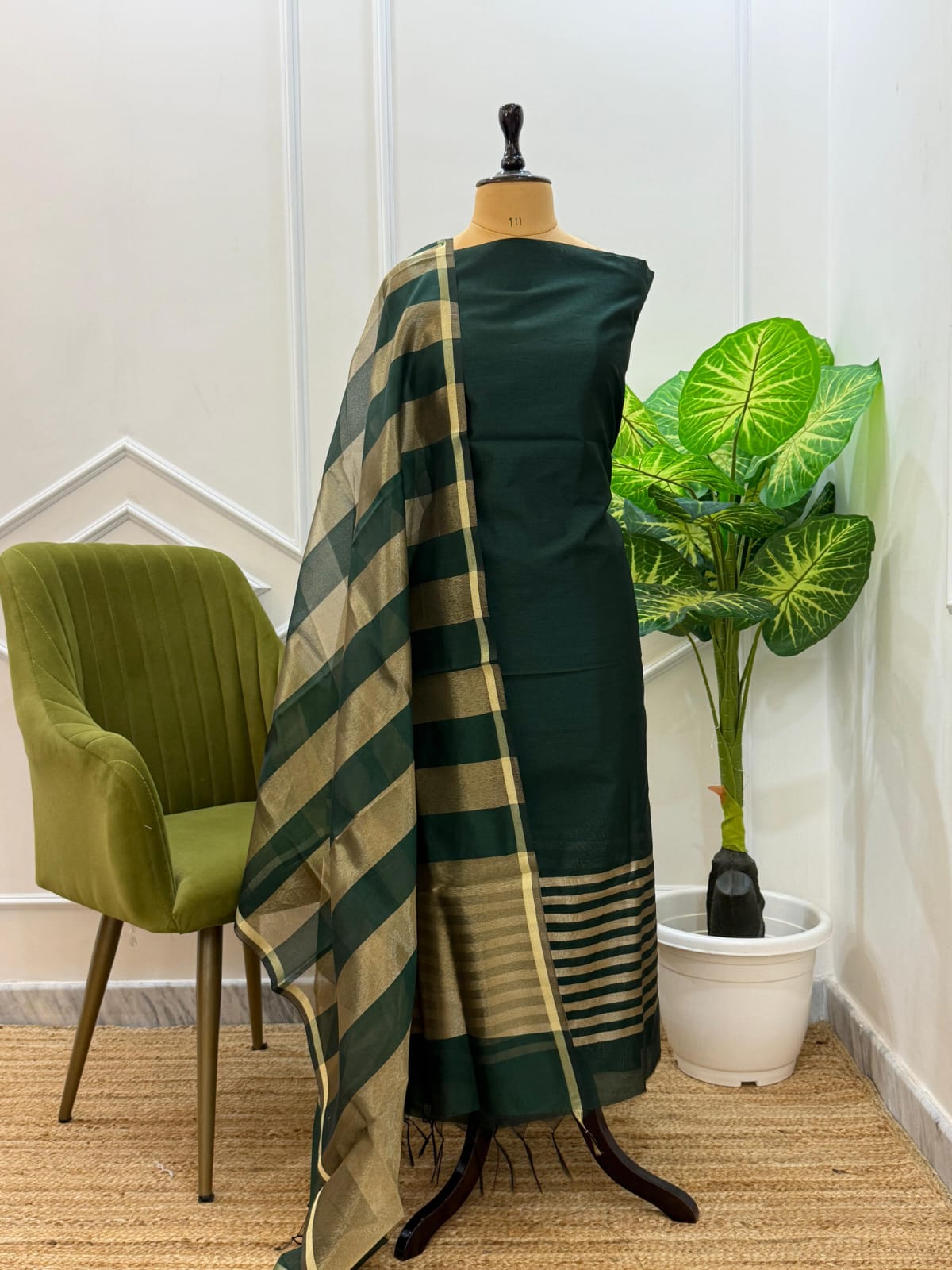 Dark Green Budget-Friendly Banarasi Chanderi Silk Suit with Rangkaat Dupatta