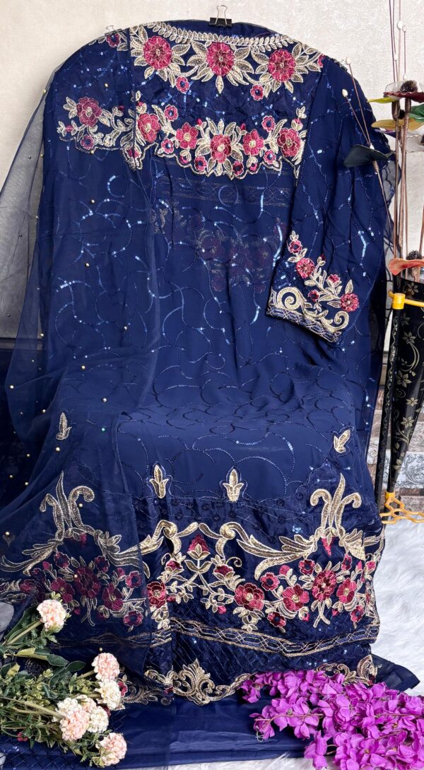 Dark Blue Cotton Georgette Organza And Net Dress Material
