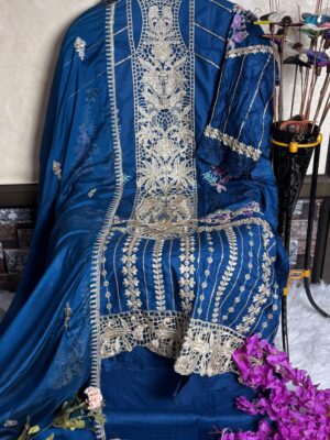 Navy Blue Cotton Georgette Organza And Net Dress Material