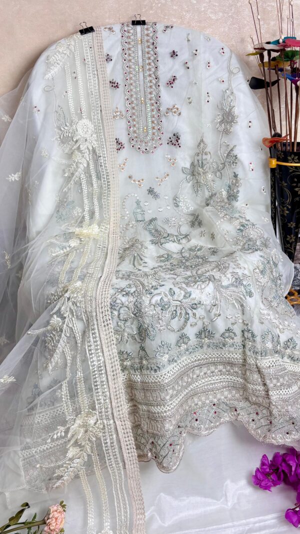 White Cotton Georgette Organza And Net Dress Material