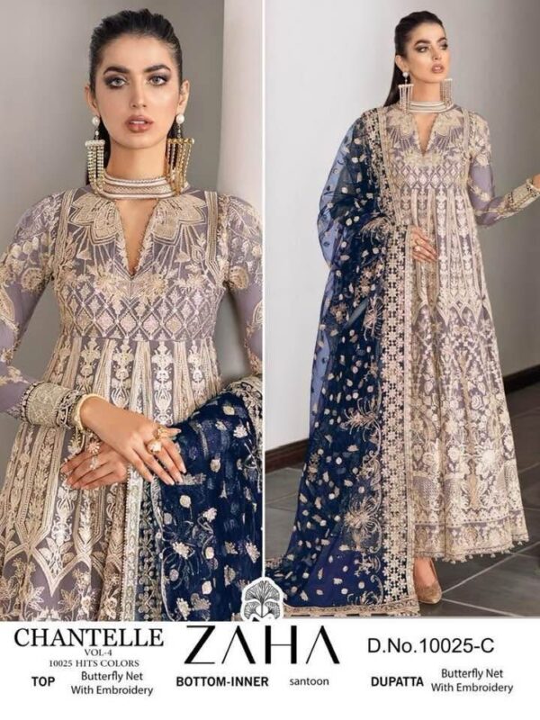 Dusty Grey And Navy Blue ZAHA Chantelle Pakistani Concept Embroidered Suit